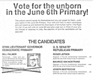 Anti-abortion flyer with the headline "Vote for the unborn in the June 6th primary!"